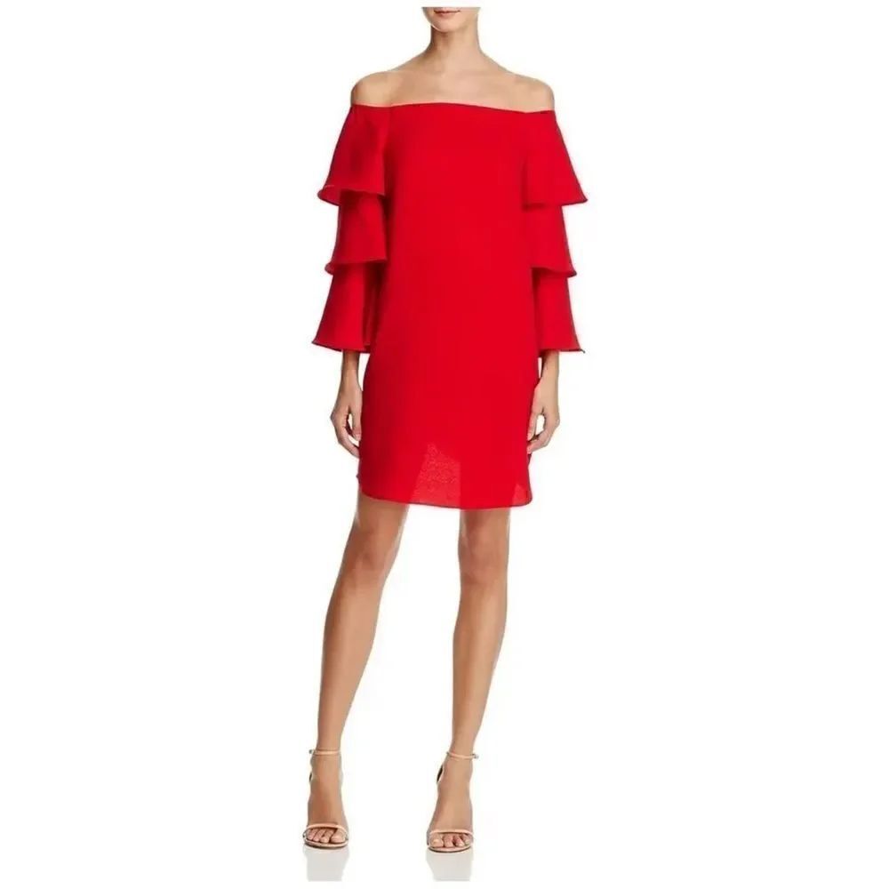 Nanette Lepore Off The Shoulder Shift Dress Womens 6 Red Tiered Sleeve